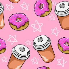 Seamless pattern with donuts and coffee on pink background with stars. Wallpaper and fabric design.