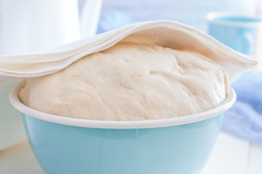 Yeast fresh raw dough in a blue bowl, horizontal