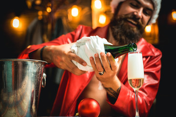 Santa congratulation you with Merry christmas and happy new year. Celebrate at home. Man in Santa...