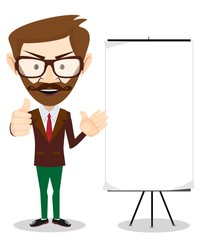 Business seminar, lecture or presentation. Business teacher standing in front of whiteboard . Modern flat vector illustration. Isolated on white background