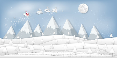 Paper art and digital craft style of Santa Claus on Sleigh and Reindeers in the snow season in the winter background as holiday and x'mas day concept. vector illustration.