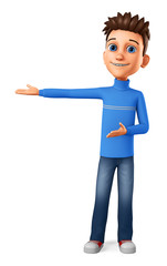 Guy in the blue sweater points his hand to an empty space on a white background. 3d render illustration.