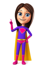 Girl in a superhero costume shows a finger on an empty space on a white background. 3d render illustration.