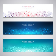 Set of scientific and technological vector banners. Abstract background with molecular structures.