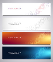 Set of vector banners for science and digital technology. Geometric abstract background with hexagons design. Molecular structure and chemical compounds.