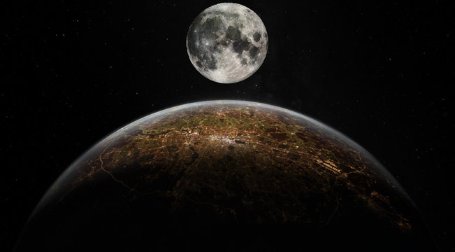 Full moon above the London, UK. Collage image with huge London city on the planet Earth and stars of universe at the outer space. Elements of this image furnished by NASA.