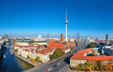Aerial view of central Berlin on a bright day, including Red Town-Hall and television tower at Alexanderplatz - obrazy, fototapety, plakaty