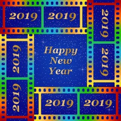 New year greetings for 2019 with colorful blank film and photographic window with golden inscription Happy new year and number 2019 on a background of color film strips 