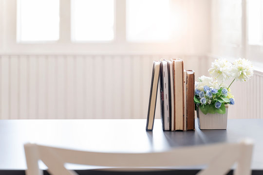Row of books and houseplant on white wooden table in white room with sunlight