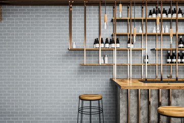 Gray brick bar table with stools, copy space