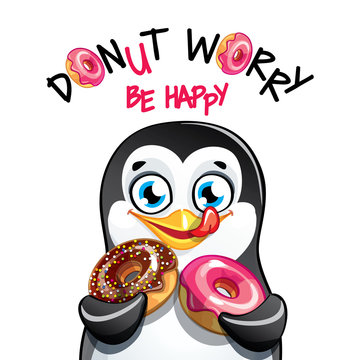 Vector illustration of cartoon penguin with donuts