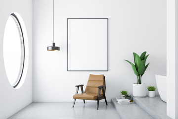 White bathroom interior, armchair and poster