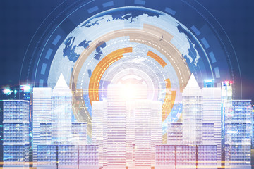 Earth hud and city model over blue