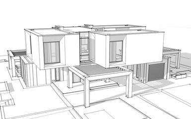 3d rendering sketch of modern cozy house by the river with garage for sale or rent. Black line sketch with soft light shadows on white background