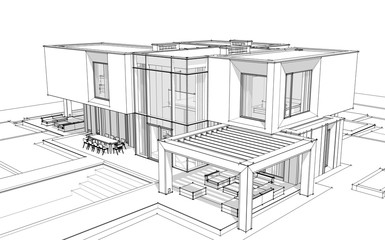 3d rendering sketch of modern cozy house by the river with garage for sale or rent. Black line sketch with soft light shadows on white background