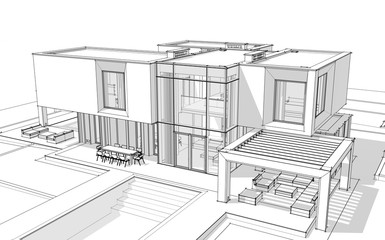 Fototapeta premium 3d rendering sketch of modern cozy house by the river with garage for sale or rent. Black line sketch with soft light shadows on white background