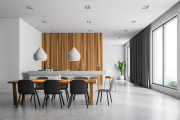 White and wooden dining room interior