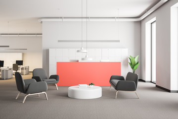 Pink reception desk in modern company lounge