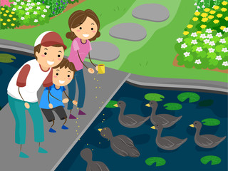 Stickman Family Kid Feed Ducks Illustration