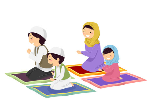 muslim family praying on colorful prayer rugs clip art preview