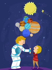Stickman Kid Boy Dad Balloon Planets Illustration
