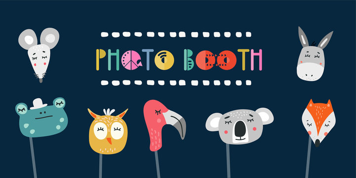 Kids photo booth props set vector illustration. Collection of animals masks