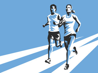Woman and man running on the road. Modern sports illustration on blue background. Easy to use and edit. - obrazy, fototapety, plakaty