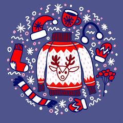 Doodle Christmas wear: sock for gifts, hat, mittens and sweater with reindeer