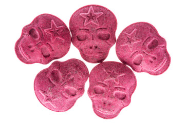 Red Army Skull, Ecstasy, XTC pills isolated on a white background.