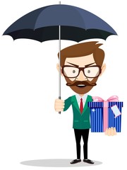 Young man holding a gift for you under an umbrella, vector illustration