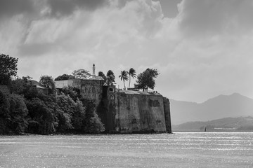 Fort Saint Louis in Fort-de-France Bay, Martinique, West Indies, French Caribbean. Black and white...