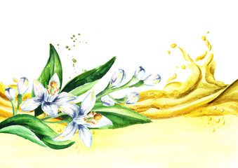Neroli oil wave. Watercolor hand drawn illustration, isolated on white background