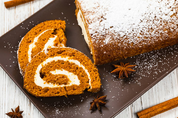 Pumpkin Cake with Cream Cheese Filling. Autumn Baking. Selective focus.