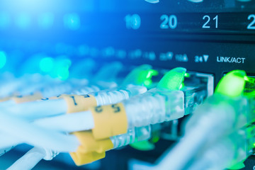 server room with lan wiring system plug and router hub