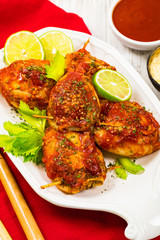 Stuffed Calamari Squid Tubes with Tomato Sauce. Selective focus.