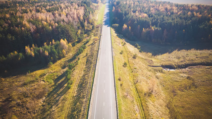 High angle view of a road trough the forest at the sunset 