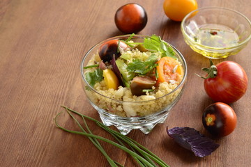 Vegetarian salad with quinoa, vegetables and sunflower seeds., copy space