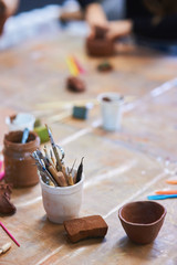 tools for pottery on the table