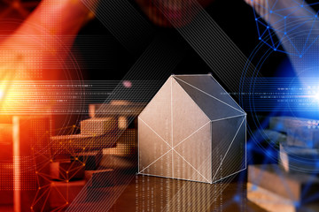 asset invesment ideas concept with businessman think and concern with house paper model and wooden block piece with modern graphic icon overlay