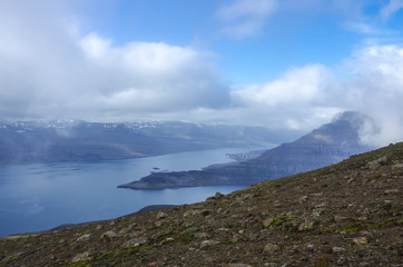 Fototapeta na wymiar Panorama of Reydarfjordur, biggest fjord. Eastern Iceland. View from Nattmalahnjukur mount.
