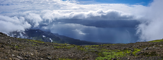 Panorama of Reydarfjordur, biggest fjord. Eastern Iceland. View from Nattmalahnjukur mount.