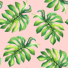 Beautiful seamless pattern with green tropical leaves on pink background. Exotic texture with tropic south plant foliage for decoration, wrapping paper, banner, post card, wedding invitation