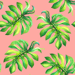 Fototapeta na wymiar Seamless watercolor pattern with green tropical leaves on pink background. Summer texture for decor, invitation card, wallpaper, exotic fabric print, banner. Creative lovely design for travel poster