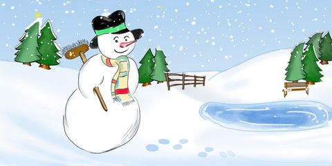 Schneemann in winterlandschaft am See