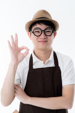farmer or shop owner concept asian glasses smart man with hat and apron white background