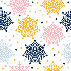 Abstract snowflake seamless pattern background. Childish geometric cover for design birthday card, wallpaper, holiday wrapping paper, shopsale advertising, textile fabric, bag print, t shirt etc.