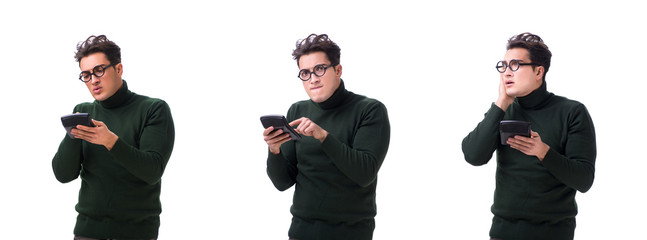 Nerd young man with calculator isolated on white