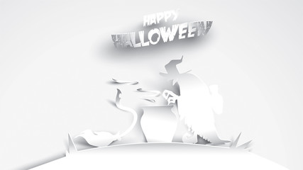Halloween background with witch in paper art carving style. banner, poster, Flyer or invitation template party. Vector illustration.