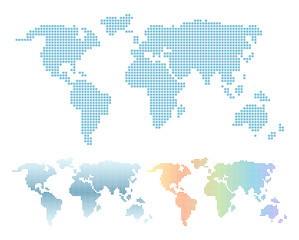 Colorful pixel world map set. Blue and rainbow gradient pixels world map design in squares.