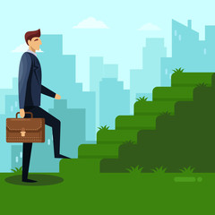 Businessman climbs the green grass stairs. Career, job and success business concept. Vector flat illustration.